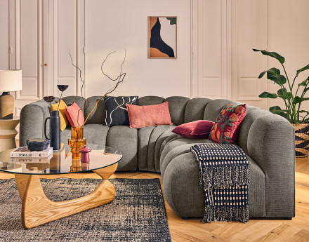 Canapé modulable d'angle droit 4 places avec accoudoir en tissu texturé Debbie