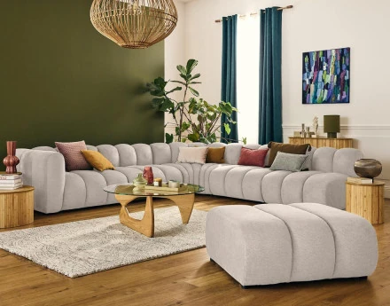 Canapé modulable d'angle droit 5 places en tissu texturé Debbie