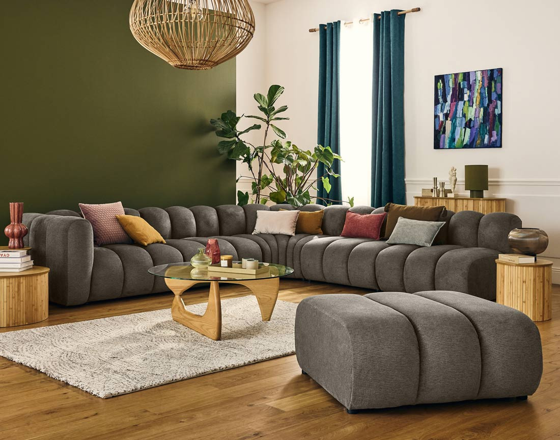 Canapé modulable d'angle droit 5 places en tissu texturé Debbie
