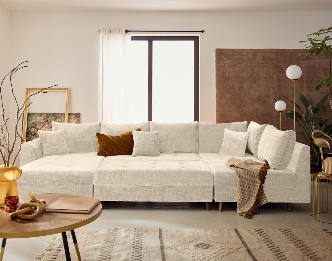 Canapé panoramique d'angle droit 7 places en velours texturé Rune Canapé panoramique d'angle droit 7 places en velours texturé Rune