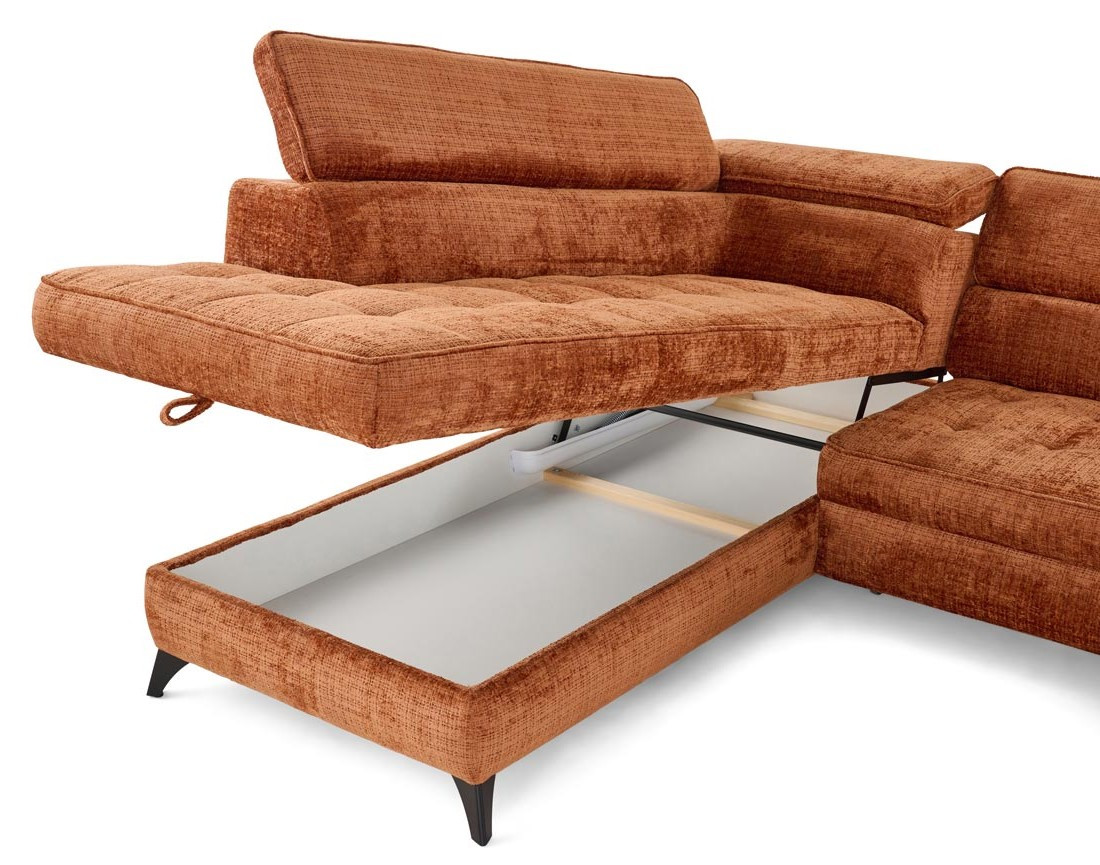 Canapé d'angle gauche convertible avec coffre en velours texturé Marlo