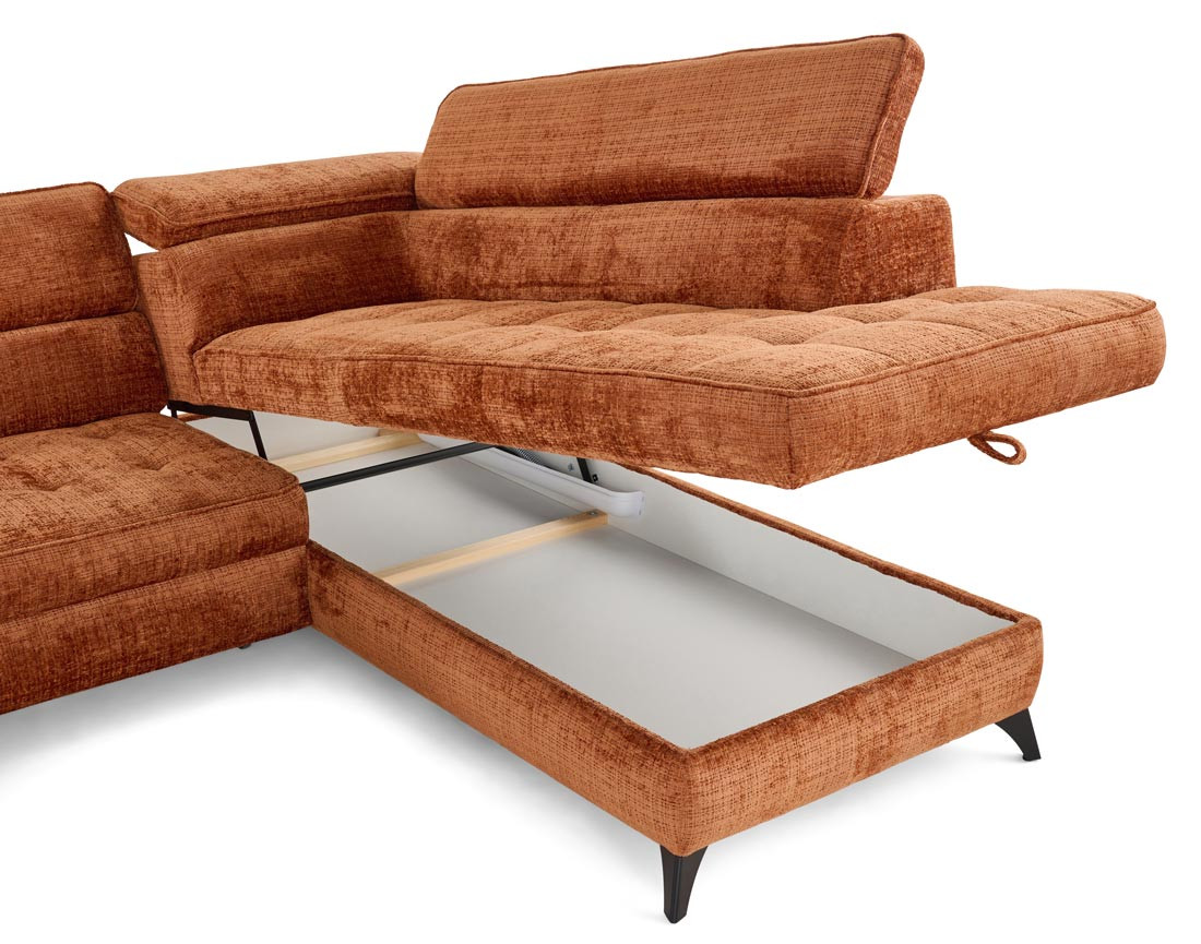 Canapé d'angle droit convertible avec coffre en velours texturé Marlo