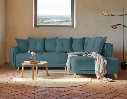 Lena - canapé d’angle droit bleu canard convertible au style scandinave