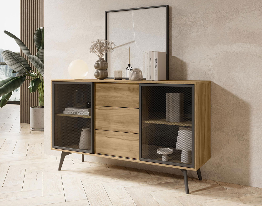 Buffet bas 2 portes et 3 tiroirs bois et métal noir 144 cm Larry