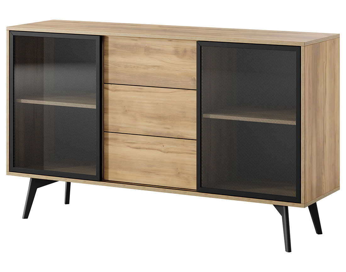 Buffet bas 2 portes et 3 tiroirs bois et métal noir 144 cm Larry