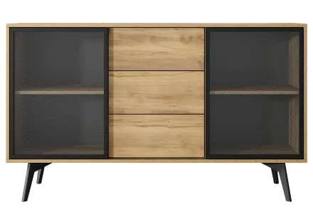 Buffet bas 2 portes et 3 tiroirs bois et métal noir 144 cm Larry