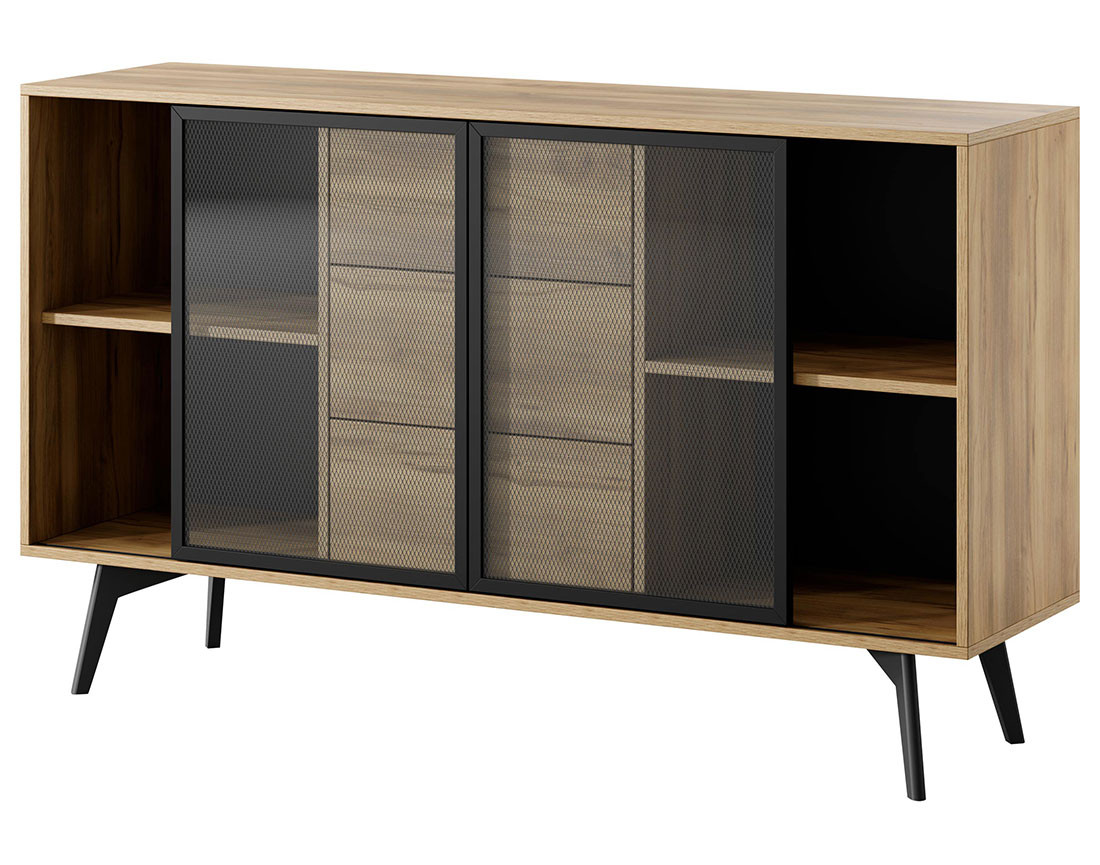 Buffet bas 2 portes et 3 tiroirs bois et métal noir 144 cm Larry