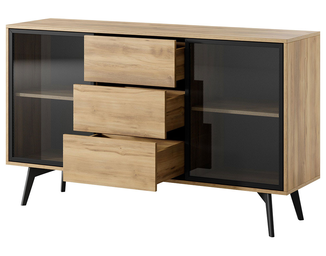 Buffet bas 2 portes et 3 tiroirs bois et métal noir 144 cm Larry