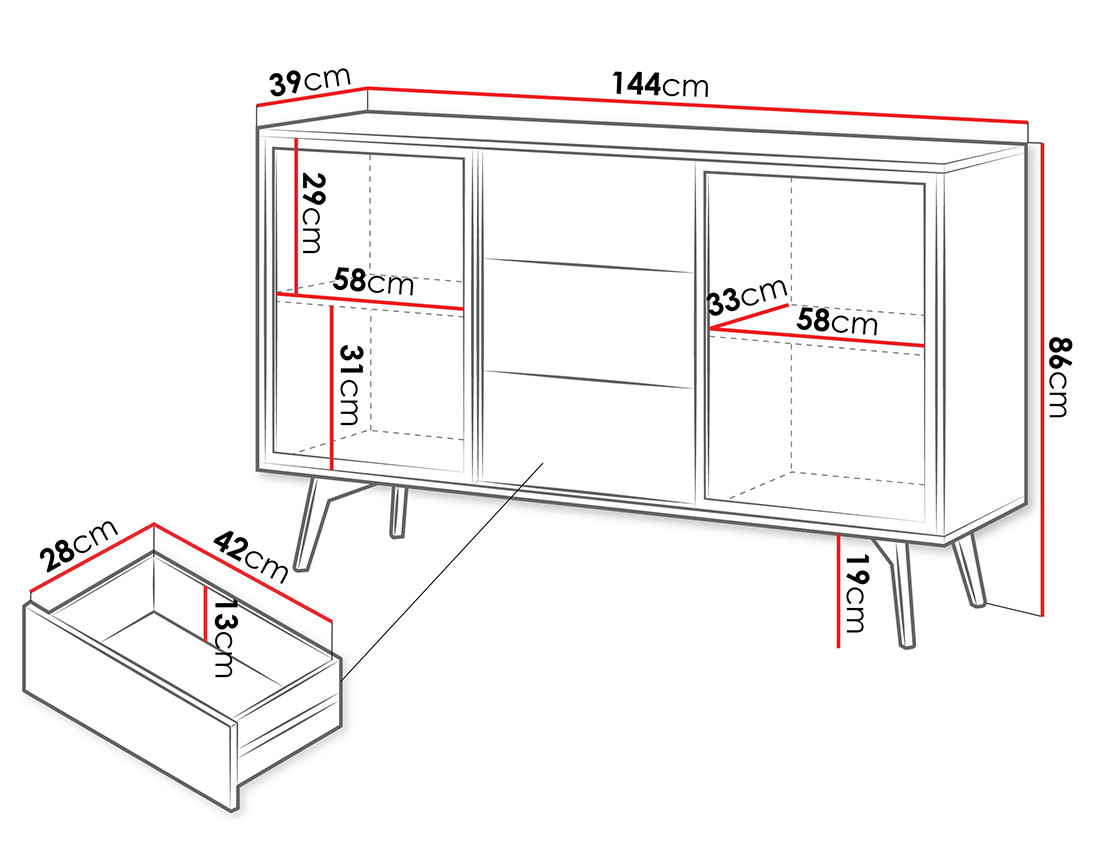 Buffet bas 2 portes et 3 tiroirs bois et métal noir 144 cm Larry