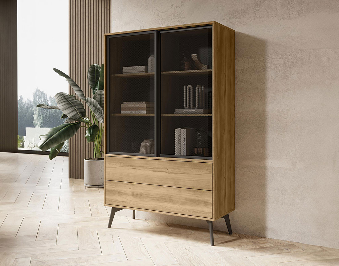 Vitrine 2 portes et 2 tiroirs bois et métal noir 144 cm Larry