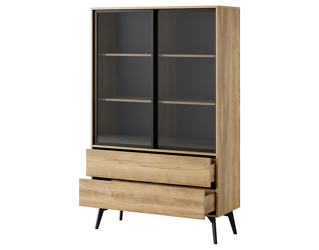 Vitrine 2 portes et 2 tiroirs bois et métal noir 144 cm Larry