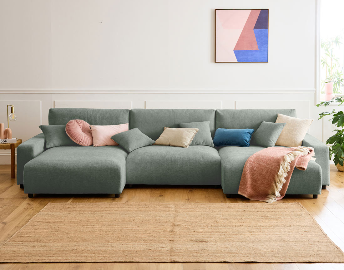 Canapé panoramique en U 7 places convertible avec coffre en velours texturé Pivoine