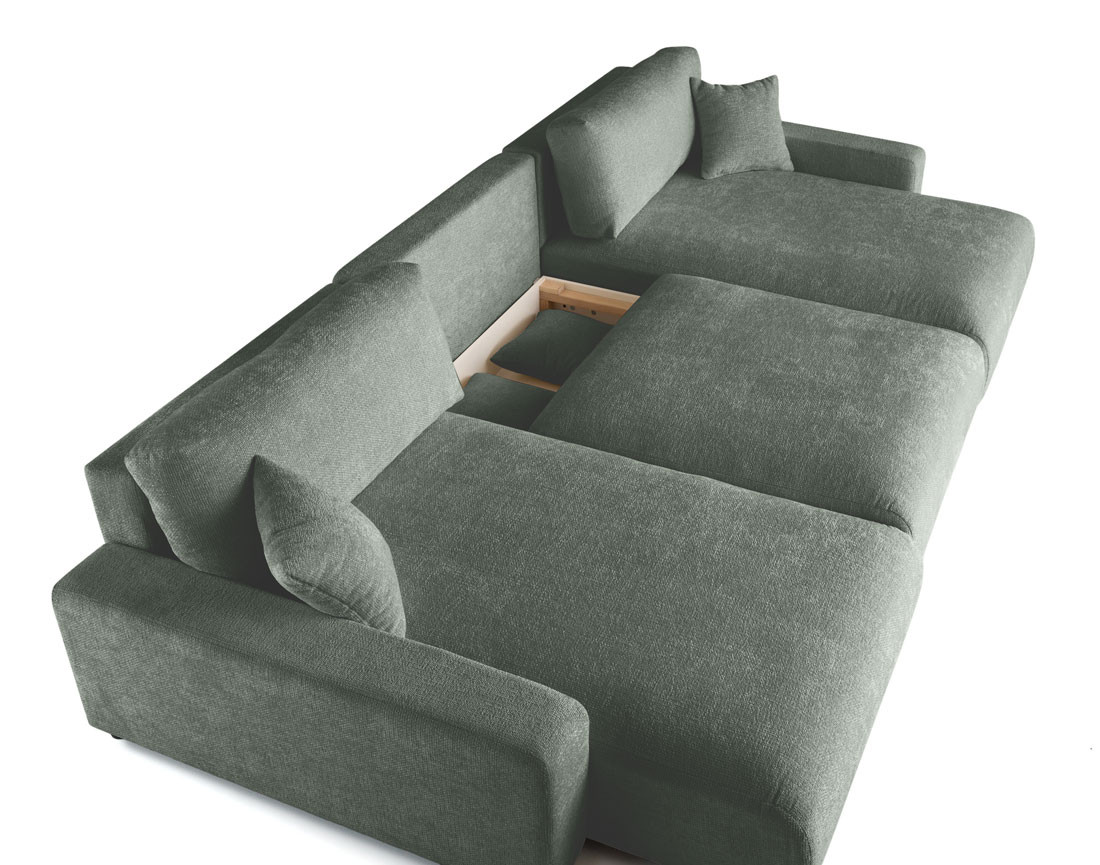 Canapé panoramique en U 7 places convertible avec coffre en velours texturé Pivoine