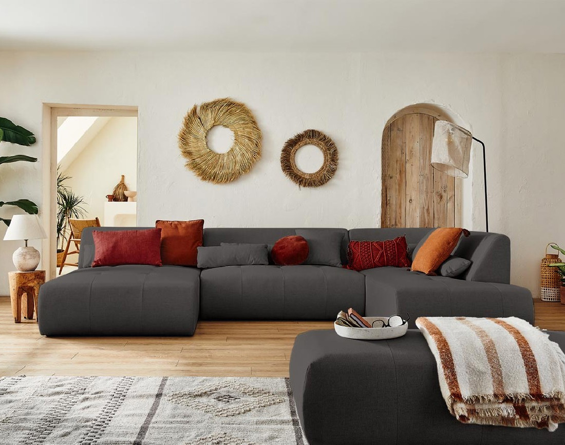 Canapé panoramique d'angle droit 7 places en tissu Onyx