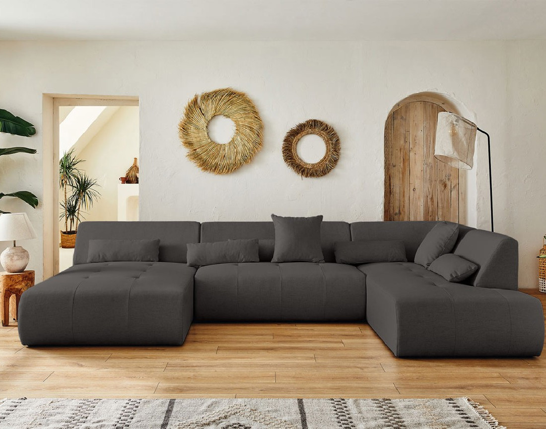 Canapé panoramique d'angle droit 7 places en tissu Onyx