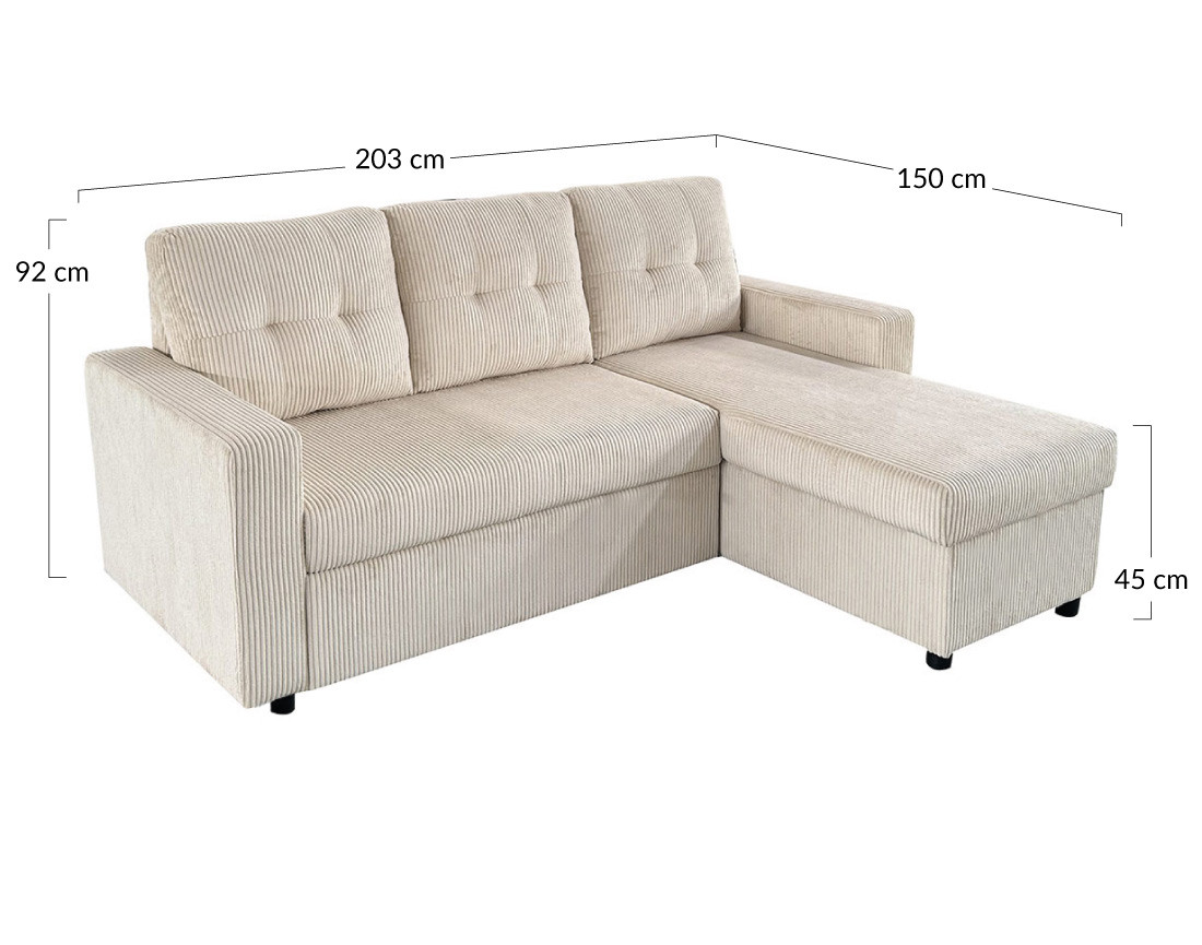 Canapé d'angle réversible 4 places convertible avec coffre en velours côtelé Tulipe