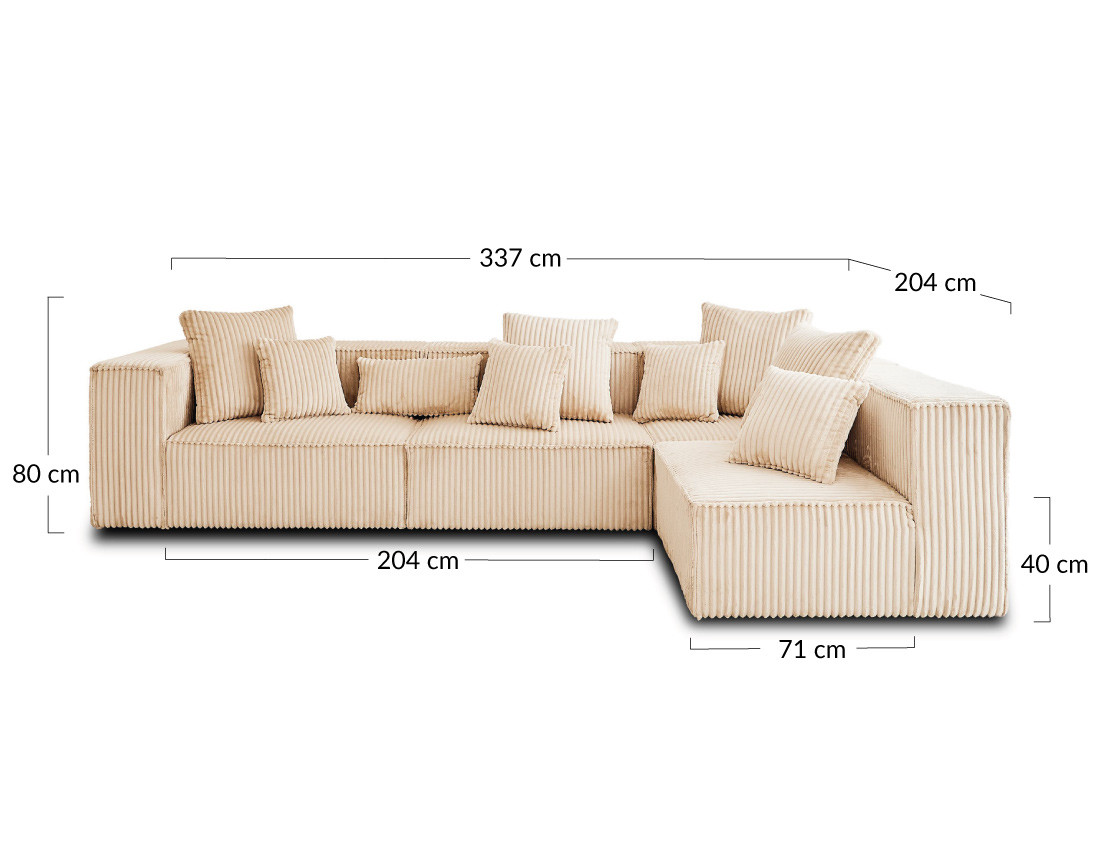Canapé modulable d'angle droit 5 places en velours côtelé grosses côtes Colombine