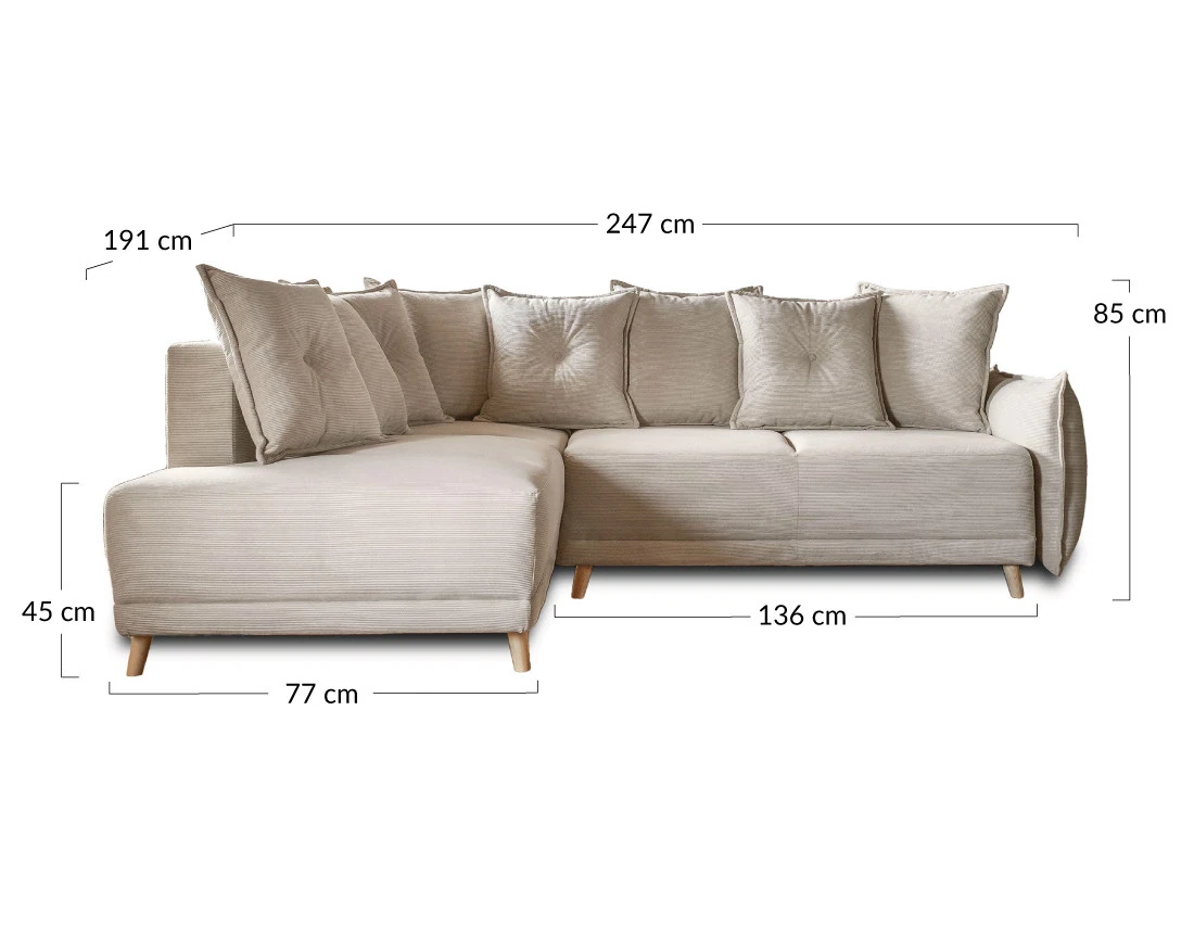 Canapé d'angle d'ange gauche 5 places convertible avec coffre en velours côtelé Lena