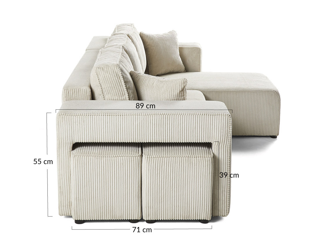 Canapé d'angle convertible en velours côtelé avec poufs Topaze