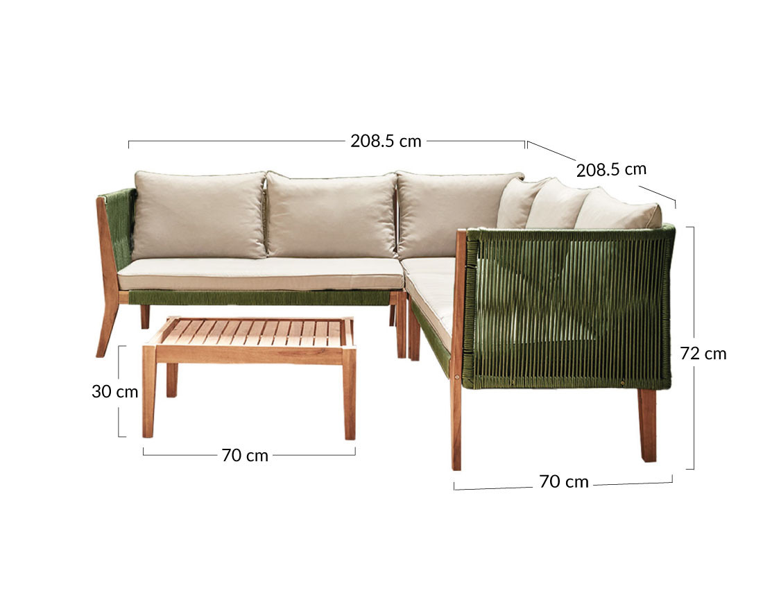 Salon de jardin en bois et corde kaki 5 places coussins beige Papua