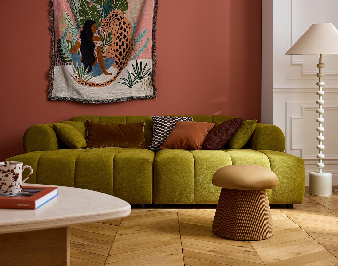 Canapé droit 4 places avec double méridienne en tissu texturé Ray