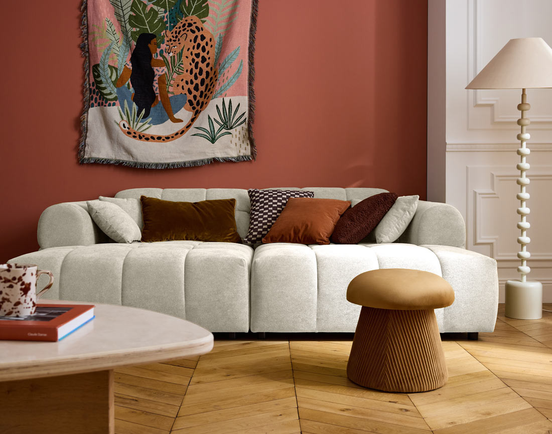 Canapé droit 4 places avec double méridienne en tissu texturé Ray Canapé droit 4 places avec double méridienne en tissu texturé Ray