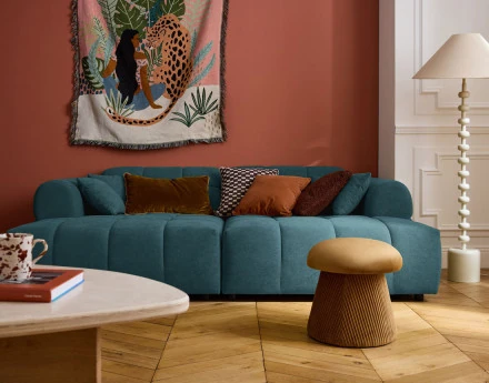 Canapé droit 4 places avec double méridienne en tissu texturé Ray