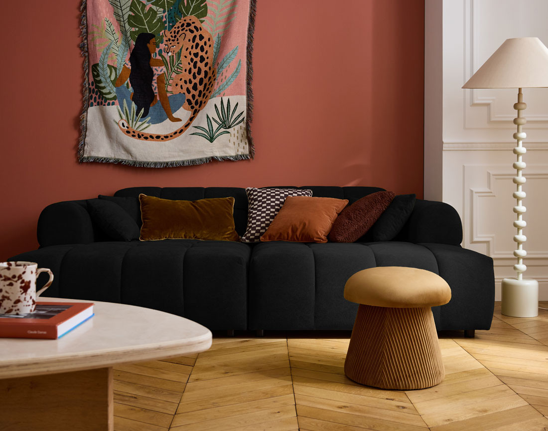 Canapé droit 4 places avec double méridienne en tissu texturé Ray Canapé droit 4 places avec double méridienne en tissu texturé Ray