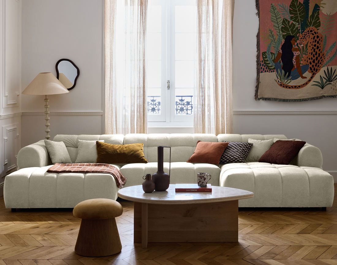 Canapé panoramique en U 7 places en tissu texturé Ray