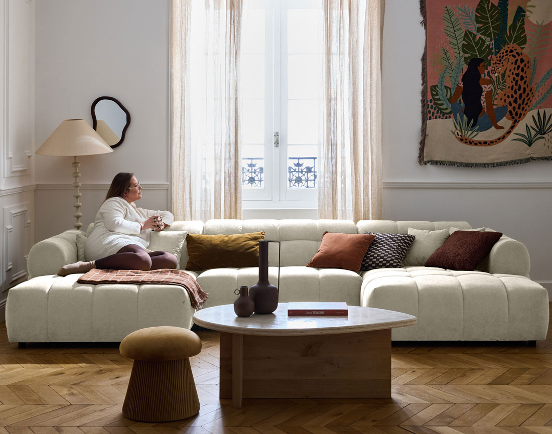 Canapé panoramique en U 7 places en tissu texturé Ray