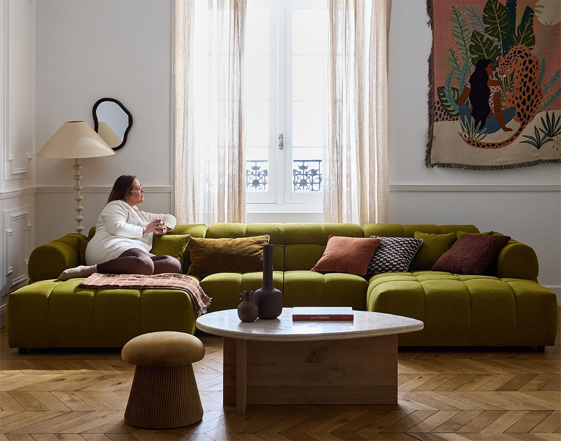 Canapé panoramique en U 7 places en tissu texturé Ray