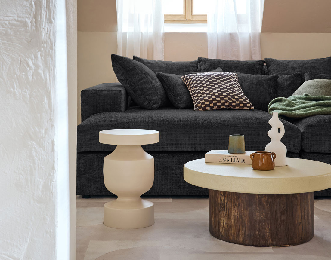 Canapé droit 4 places avec double méridienne en velours texturé Collins