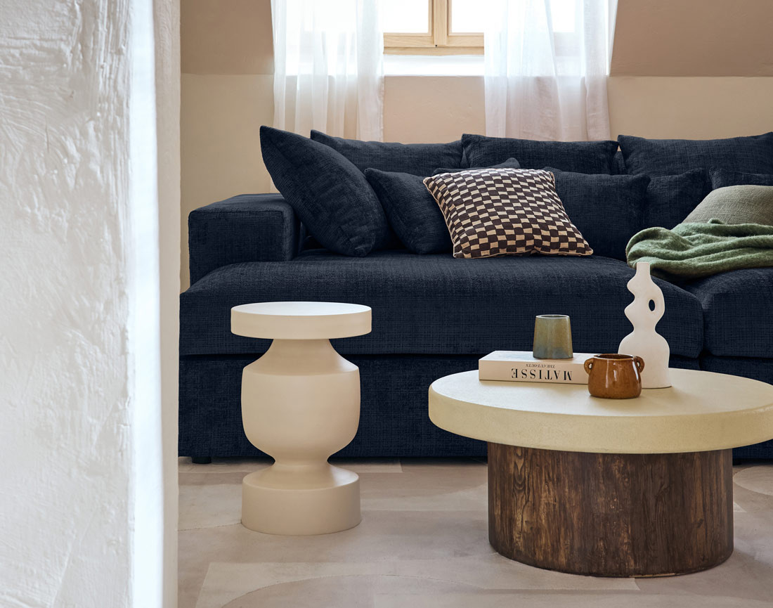 Canapé droit 4 places avec double méridienne en velours texturé Collins