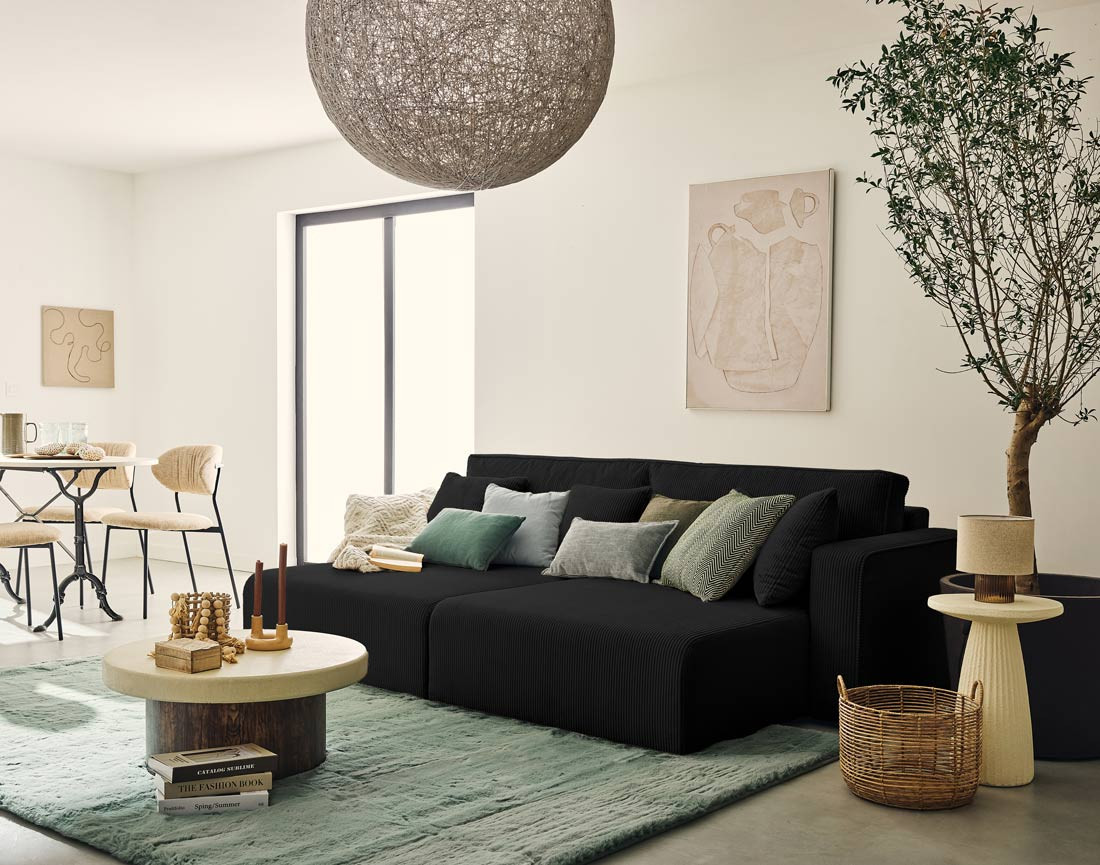 Canapé droit 4 places avec double méridienne assise profonde en velours côtelé Topaze