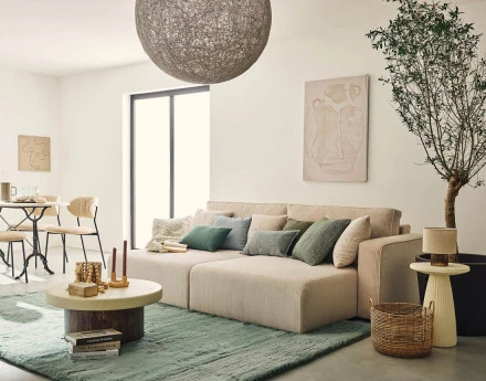 Canapé droit 4 places avec double méridienne assise profonde en velours côtelé Topaze