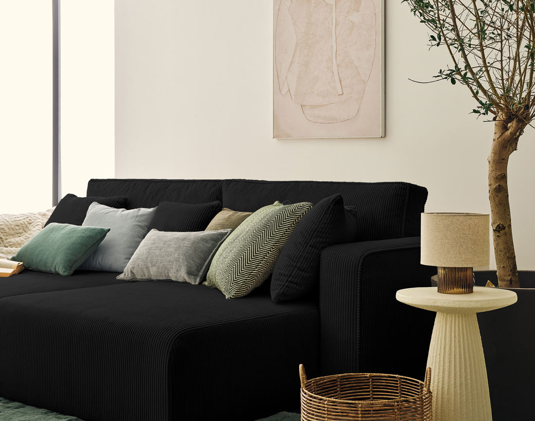 Canapé droit 4 places avec double méridienne assise profonde en velours côtelé Topaze