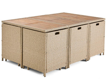Salon de jardin encastrable en résine tressé beige 10 places coussins beige et housse de protection Cuba