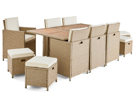 Salon de jardin encastrable en résine tressé beige 10 places coussins beige et housse de protection Cuba