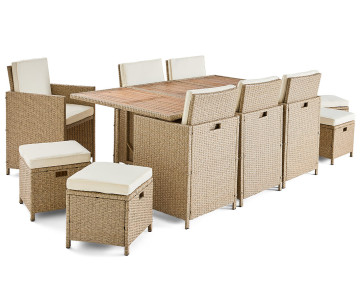 Salon de jardin encastrable en résine tressé beige 10 places coussins beige et housse de protection Cuba