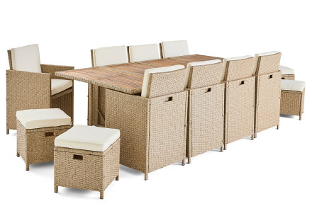 Salon de jardin encastrable en résine tressé beige 12 places coussins beige et housse de protection Cuba