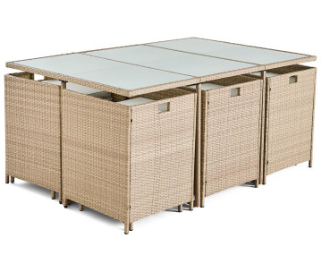 Salon de jardin encastrable en résine tressée beige 10 places coussins beige avec housse de protection Fira