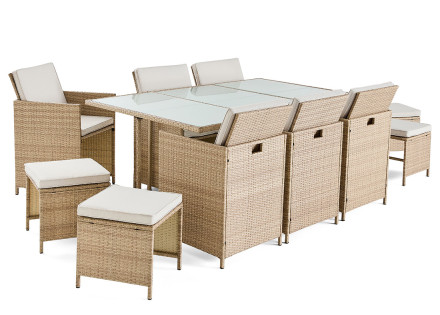 Salon de jardin encastrable en résine tressée beige 10 places coussins beige avec housse de protection Fira