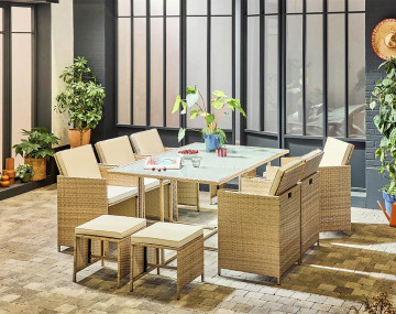 Salon de jardin encastrable en résine tressée beige 10 places coussins beige avec housse de protection Fira