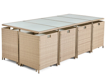 Salon de jardin encastrable en résine tressée beige 12 places coussins avec housse de protection beige Fira