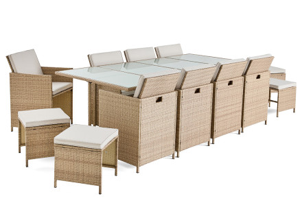 Salon de jardin encastrable en résine tressée beige 12 places coussins avec housse de protection beige Fira