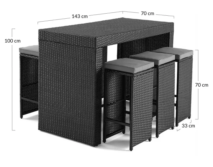 Ensemble table haute et tabourets de jardin en résine noir 6 places coussins gris Yoana
