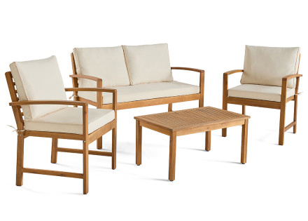 Salon de jardin en bois massif d'acacia 4 places coussins beige Kaili