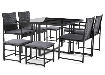 Ensemble table et chaises de jardin en acier noir 8 places coussins gris Olaria