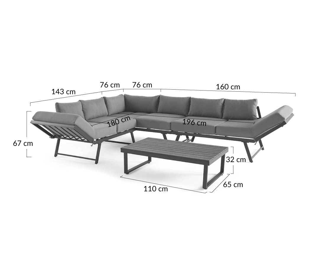 Salon de jardin d’angle en acier noir 5 places coussin gris et table incluse Konna