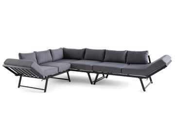 Salon de jardin d’angle en acier noir 5 places coussin gris et table incluse Konna